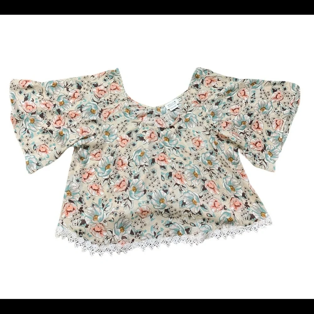 MOLLY BRAKEN Boho Floral Lace Trim Blouse With Scalloped Trim Beige Sz One Size - Picture 3 of 11